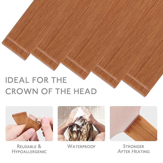 WENNALIFE Invisi Edge Tape in Hair Extensions Human Hair, 20 Inch 30g 10pcs Auburn Ginger Invisible Luxury Remy Hair Extensions Seamless Injected Straight Extensiones