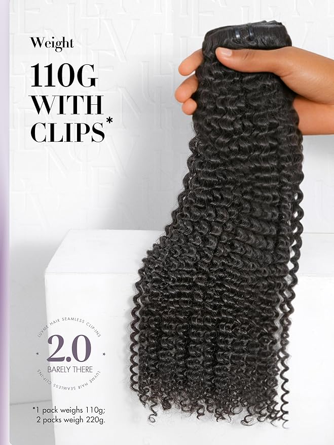 LUVME Invisible Clip ins Hair Extensions Deep Kinky Curly Real Human Hair Remy Hair Clip ins for Women, Natural Human Hair, 16 inch 110g 6Pcs, Natural Black