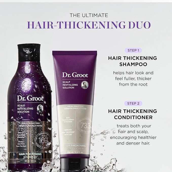 Dr. Groot Thickening Shampoo & Conditioner Set for Hair Loss – Clinical Results with Biotin and Rosemary for Hair Thinning, Shedding, Scalp Repair and Treatment