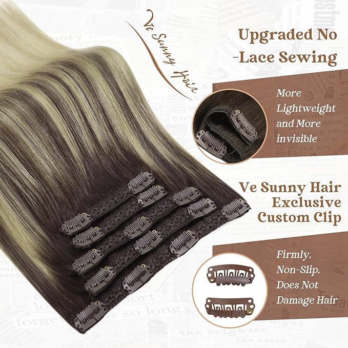 Ve Sunny Human Hair Clip in Extensions Comfortable Clip in Hair Extensions Real Human Hair Dark Brown Ombre Dark Golden Blonde Balayage Light Blonde Hair Clip in Extensions 100g 7pcs 14inch