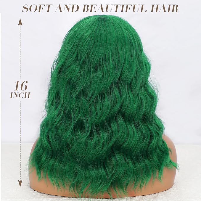 Nnzes Short Wavy Bob Wig with Bangs for Women Shoulder Length Curly Green Synthetic Heat-Resistant Fiber Hair for Daily & Party Use