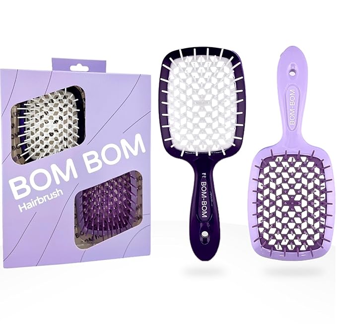 BOM BOM 2 Unit Kit, Wet And Dry Vented Detangling Hair Brush For All Hair Types, Light Weight Hairbrush, Scalp Massage Brush (Purple)