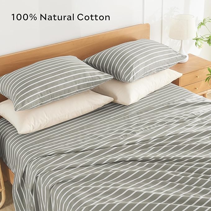JELLYMONI 100% Natural Cotton StripedKing Pillowcases Set, 2 Pack Gray and White Stripes Pattern Printed Pillow Covers with Envelope Closure(Pillows are not Included)