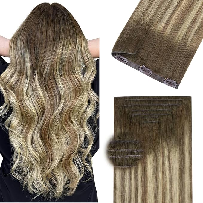 DOORES Invisi Edge Clip in Hair Extensions 22 inch 110g 7pcs, Virgin Real Human Hair PU Clip in Extension Invisible Seamless Thickening Hairstyle, 3/8/613 Walnut Brown to Ash Brown and Bleach Blonde