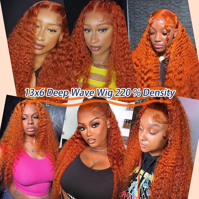 Ginger Orange Deep Curly HD Lace Front Wigs for Women 13x6 Wet and Wavy Deep Wave Frontal Wigs Human Hair 210% Density 350# Colored Glueless Wig Human Hair Pre Plucked 20Inch