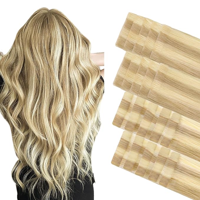 GOO GOO Invisi Edge Tape in Hair Extensions Human Hair, 18D/22F Dirty Blonde Highlights 10pcs injected with 10pcs classical tape ins, 12inch 40g, Virgin Remy Hair, Natural Look