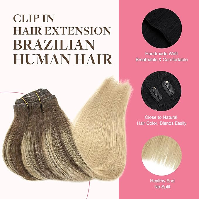 GOO GOO Clip in Hair Extensions Real Human Hair, Remy Human Hair Extensions Clip ins for Women, Natural Human Hair, 20inch 150g 9Pcs, 4/18 Balayage Chocolate Brown Highlighted Dirty Blonde