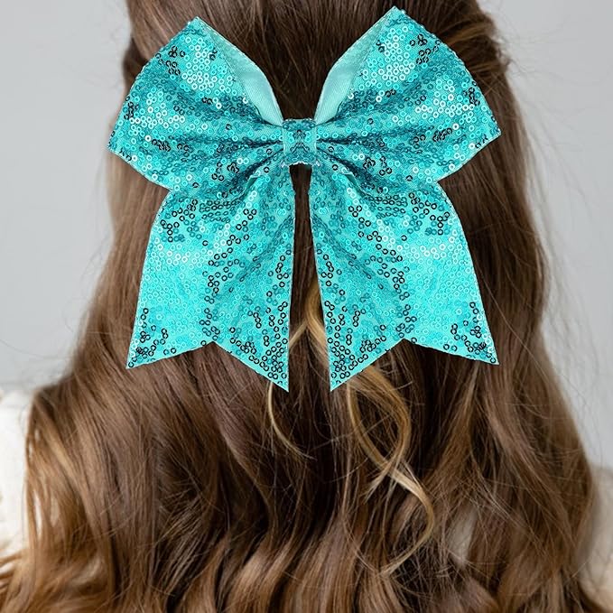 Large Big 7 Inch Glitter Bow Clip Sequin Bling Party Hair Accessories for Women Teens Girls Kids 2 Pcs (PeacockGreen, Blue)