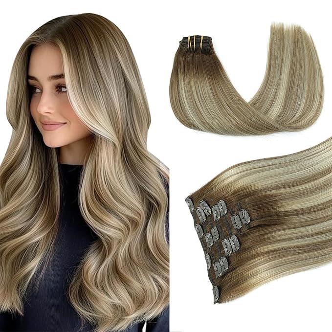 PINKPEARL Clip in Human Hair Extensions #3/8/22 Balayage Walnut Brown to Ash Brown and Golden Blonde Clip in Hair Extensions Real Human Hair 7pcs 120g 14inch Human Hair Extensios Clip ins(#3/8/22-14)