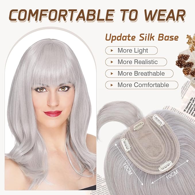Rich Choices Real Human Hair Toppers for Women With Bang 100% Remy Human Hair Topper for Thinning Hair Clip in Silk Base Hair Topper 6 Inch GREY