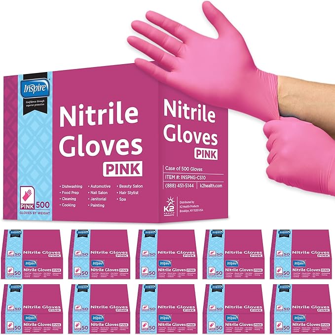 Inspire Pink Gloves Disposable Latex Free | Nitrile Pink Glove Hair and Nail Salon, Esthetician Nitrile Disposable Gloves