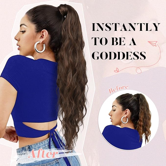 Flufymooz Ponytail Extension, Flexible Wrap Around Ponytail Extension Long Wavy Curly Ponytail Hair Extensions Natural pony tail Synthetic Hairpiece for Women 32 Inch (Light Brown)