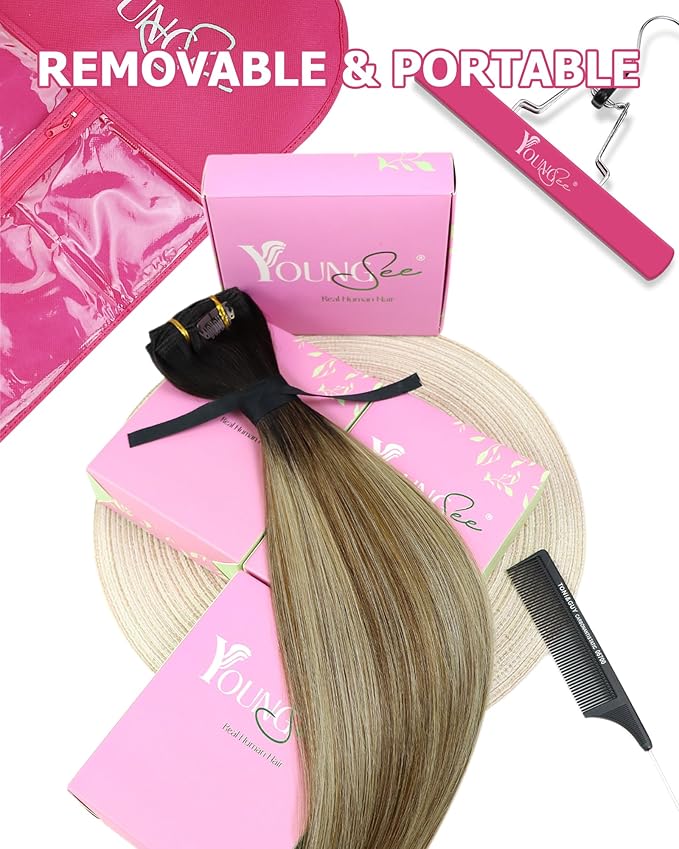 YoungSee Clip in Hair Extensions Balayage Dark Roots to Medium Brown with Blonde Hair Extensions Clip ins Balayage Brown Clip in Extensions Real Human Hair 100g 7pcs 20inch