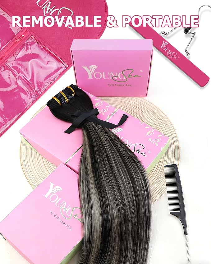 YoungSee Clip in Hair Extensions Black Ombre Hair Extensions Clip ins Balayage Black with Silver Clip in Hair Extension Human Hair Easy to Wear 16Inch 120G 7Pcs