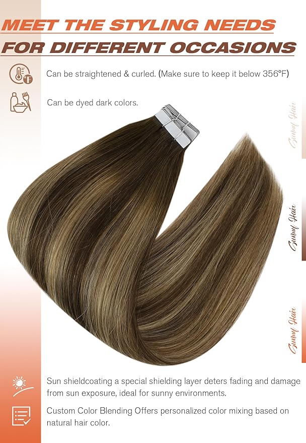 Sunny Hair Tape in Extensions for Women Real Hair 16 inch 100g Tape in Hair Extensions Human Hair Dark Brown Balayage Caramel Blonde Hair Extensions Tape in 40Pcs