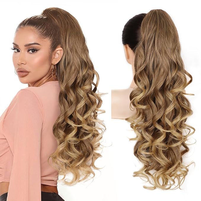 ALXNAN Ponytail Extension,24 Inch Claw Clip in Long Curly Wavy Dark Ash Blonde with Golden Ends Ponytail Hair Extension Jaw Clip on Pony Tails Hairpiece for Women
