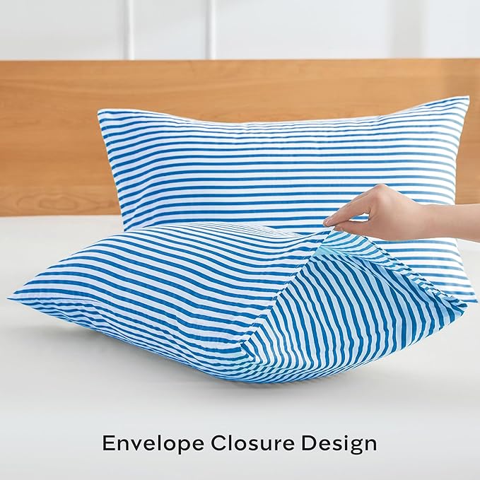 JELLYMONI 100% Natural Cotton Striped Standard Pillowcases Set, 2 Pack White and Blue Stripes Pattern Printed Pillow Covers with Envelope Closure(Pillows are not Included)