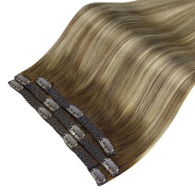 Full Shine Ombre Clip in Hair Extensions Human Hair 3 Pcs 60 G 12 Inch Short Clip in Extensions Walnut Brown to Light Brown Mix Light Blonde Straight Remy Hair Extensions for Fine Hair