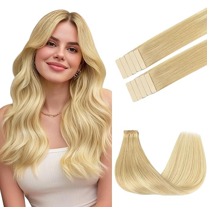 GOO GOO Tape in Hair Extensions Human Hair, 18AT60A Pearl Ash Blonde Highlights, 24inch 30g 10pcs, Skin Weft Seamless Invisible, Silky Straight with Thick Ends, Remy Human Hair