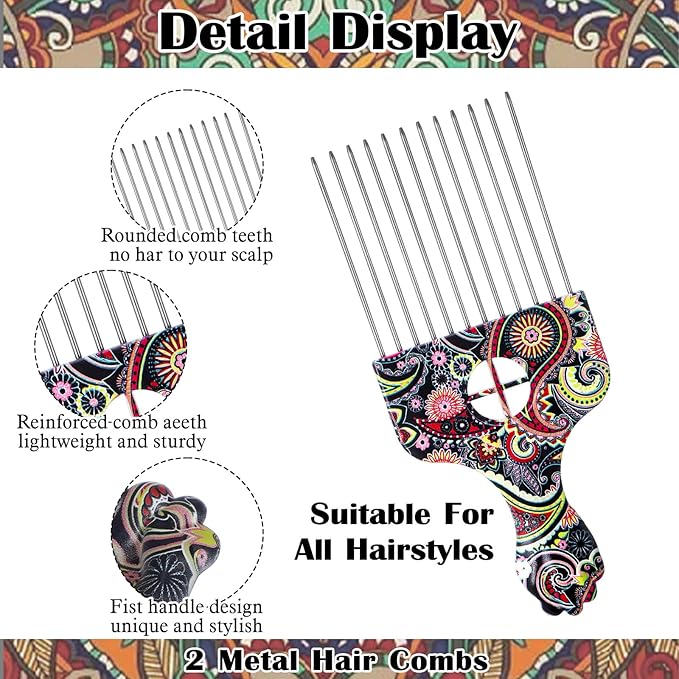 2 Pack Professional Stainless Steel Afro Pick Combs, Wide Tooth Metal Hair Picks for Curly Afro Braid Detangling Styling Women Men