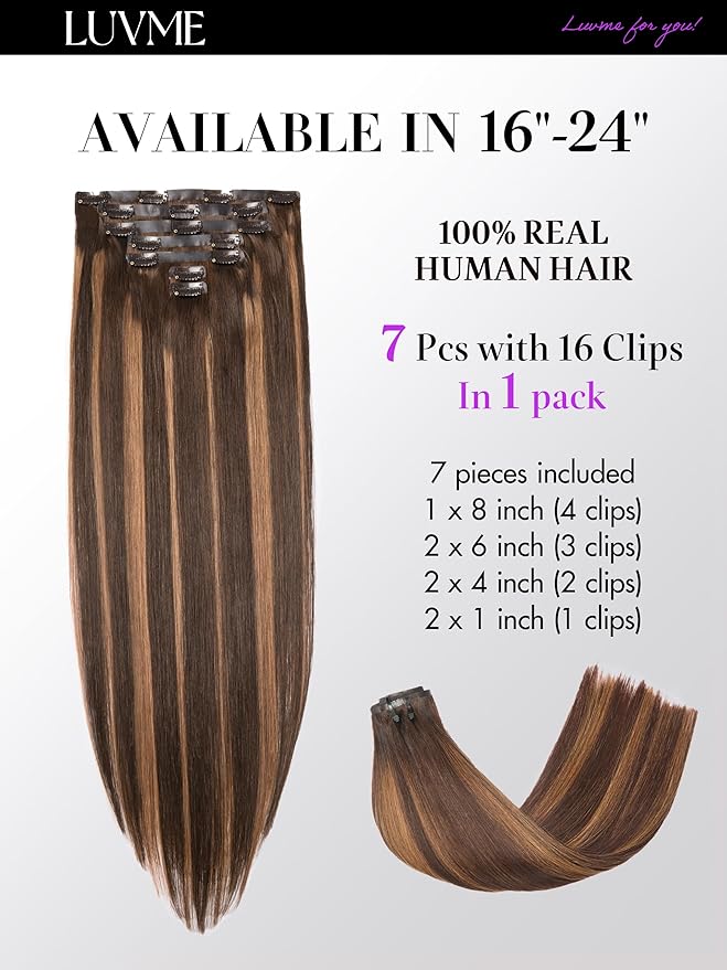 LUVME Straight Seamless 110g 7Pcs Clip in Hair Extensions Full Max with 20inch Remy Human Hair Extensions, Highlight Color 100% Real Soft
