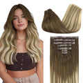 GOO GOO Clip in Hair Extensions Real Human Hair, Remy Human Hair Extensions Clip ins for Women, Natural Human Hair, 22 Inch 140g 7Pcs, 3/8/613 Balayage Walnut Brown to Ash Brown and Bleach Blonde