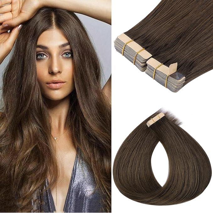 GOO GOO Tape in Hair Extensions Human Hair, 4A Chocolate Brown, 12inch 80g 40pcs, Skin Weft Seamless Invisible, Silky Straight with Thick Ends, Remy Human Hair