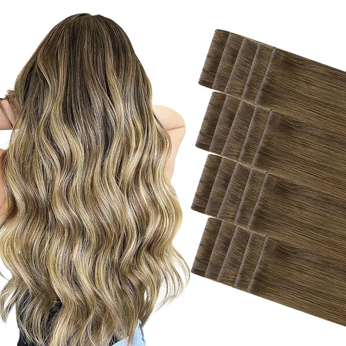 GOO GOO Invisi Edge Tape in Hair Extensions Human Hair, 3/8/613 Balayage Walnut Brown to Ash Brown and Bleach Blonde 20pcs 12inch 40g, Virgin Remy Hair, Seamless Injected Tape, Natural Look