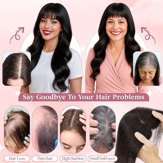 Real Human Hair Toppers for Women 3.54"*4.72" Silky Base 150% Density With Bangs Adjustable Parting Clip-In Topper Hairpieces for Women with Thinning Hair 10 Inches Dark Black