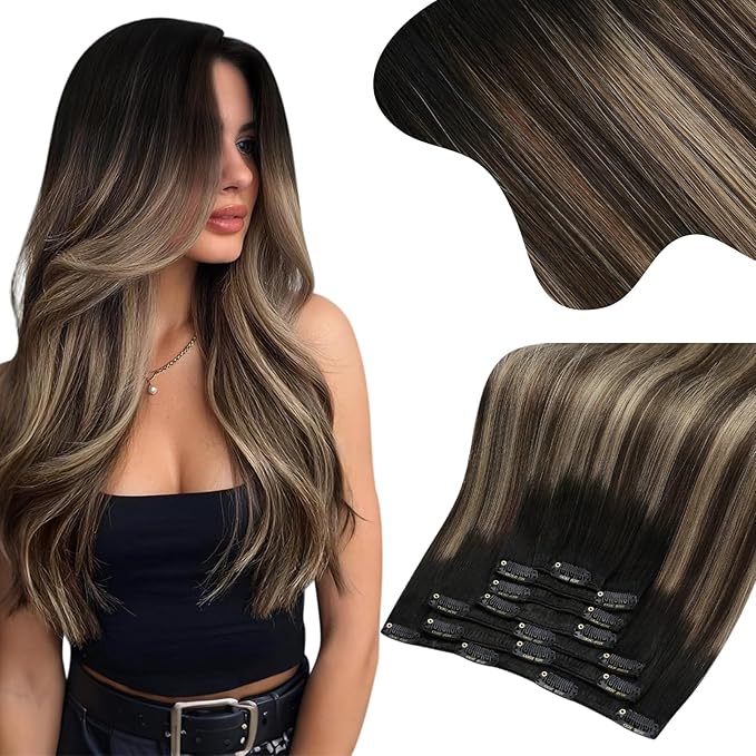 Moresoo Human Hair Clip in Extensions Balayage Remy Human Hair Extensions Clip ins Ombre Black and Brown with Dark Golden Blonde 7pcs 135g 18 Inch
