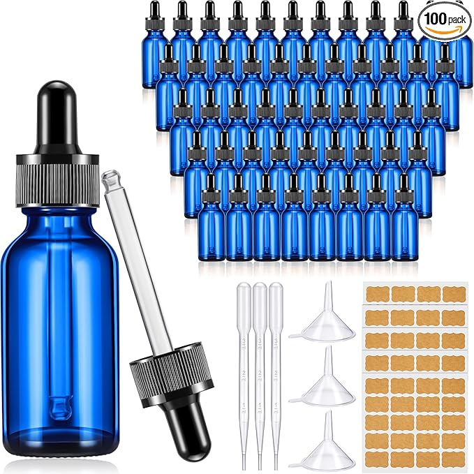 Lallisa 100 Pack Essential Oil Dropper Bottle 30 ml (1 Oz) Glass Dropper Bottles DIY for DIY Essential Oil Perfume with 5 Funnels 5 Pipettes 3ml 100 Labels for Bathrooms, Hotels, Labs (Blue)