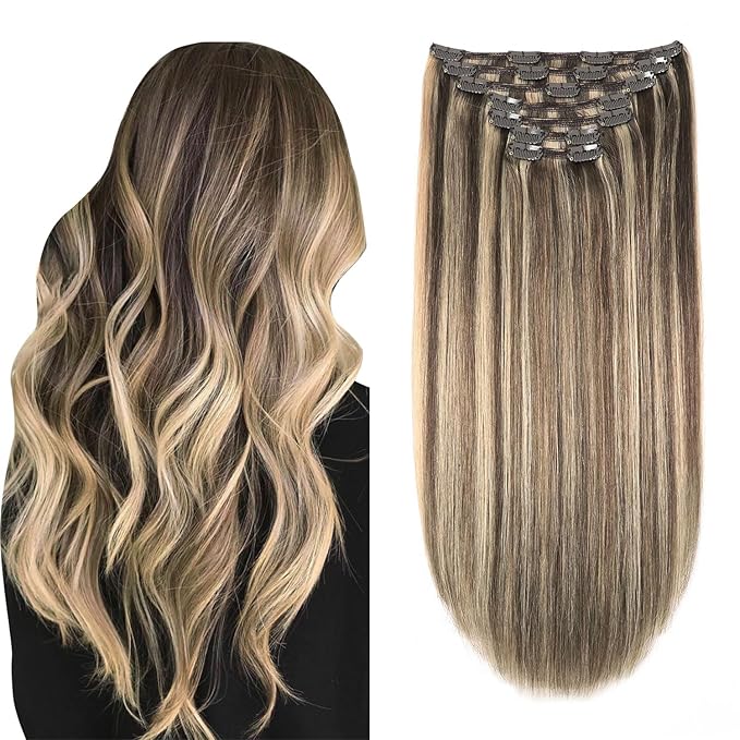XDhair Clip in Hair Extensions Human Hair 140g 7pcs 14 Inch Chocolate Brown to Caramel Blond Clip in Real Hair Extensions #4p27/14 inch