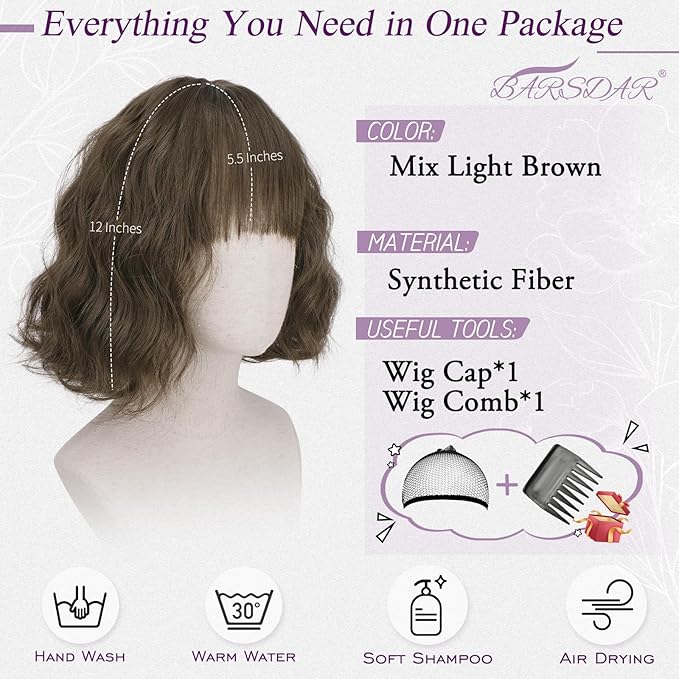 BARSDAR Short Wavy Light Brown Wig with Bangs - Short Light Brown Bob Wigs for Women - Curly Wavy Textured French Bob Wig with Bangs Soft Synthetic Natural Looking Face-Framing Daily