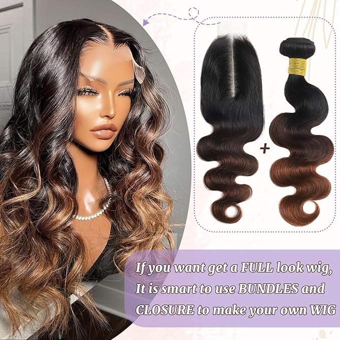 T1B/2/30 Chestnut Brown Ombre Human Hair Bundles Body Wave 100% Real Virgin Human Hair Bundles 18 20 22 Inch Dark Roots Bundle 3 Tone Ombre Medium Auburn Colored Sew in Quick Weaves