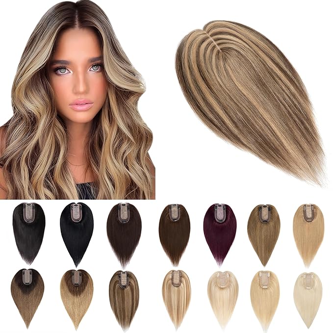 SEGO Human Hair Toppers for Women With Thinning Hair, 7 * 13CM Silk Base 100% Real Human Hair Clip in Top Wiglet Hairpieces -14 Inch No Bangs Medium Brown&Dark Blonde