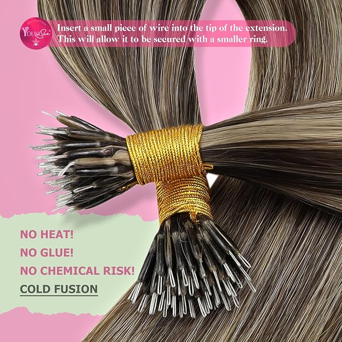 YoungSee Nano Ring Hair Extensions Brown Highlight Nano Beads Hair Extensions Real Human Hair Dark Brown Highlights Caramel Blonde for Daily Wear Nano-Link Remy Hair Extension 14 inch 50s 50g
