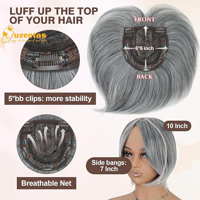 QUEENTAS Silver Hair Topper for Women with Thinning Hair Pieces 6"*6"Large Coverage 360°3D Cover Silver Synthetic Short Bob with 5 Clips in Wiglets(Gray with Black)