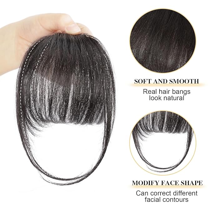 BOGSEA Clip in Bangs Real Human Hair Bangs Hair Clip with Temples Hairpieces for Women Natural Looking Fringe Hair Extension for Daily Wear(Wispy Bangs, (Brown Black))