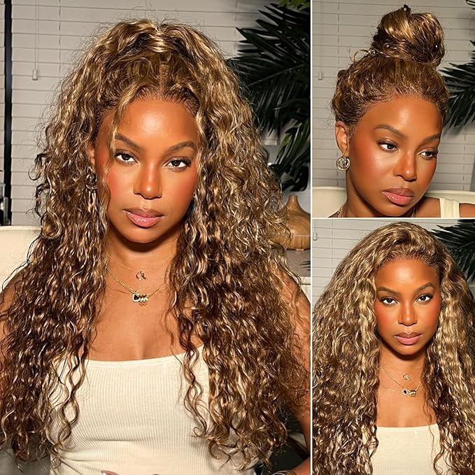 250% Density Hidden Strap 360 Lace Front Wigs Human Hair Deep water Wave Honey Blonde Curly Human Hair wig Ombre Deep Wave 4/27 Highlight Lace Front Wigs Wet And Wavy Wigs for Women 22 Inch