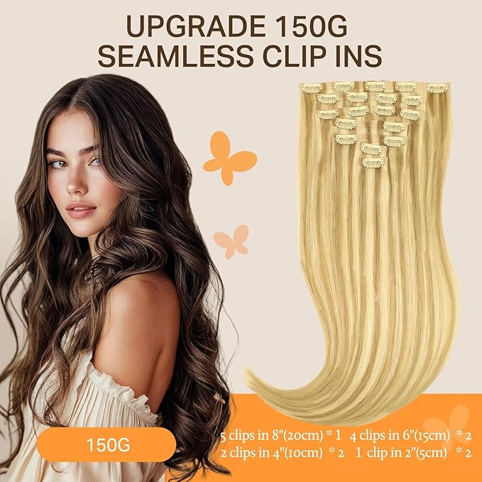 DOORES Seamless Clip in Human Hair Extensions - DirtyBlonde Highlight Golden Blonde, 130g 7pcs 18 Inch, Invisible Edge Natural Straight
