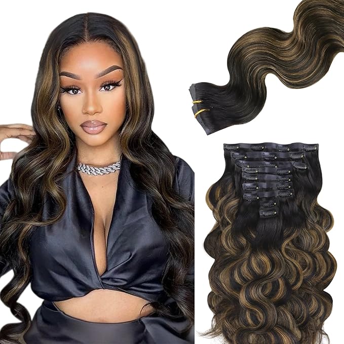 Lashey Seamless Clip in Hair Extensions Human Hair 150g 9pcs 24 Inch Body Wave Natural Black Mixed Chestnut Brown Clip in Hair Extensions for Women