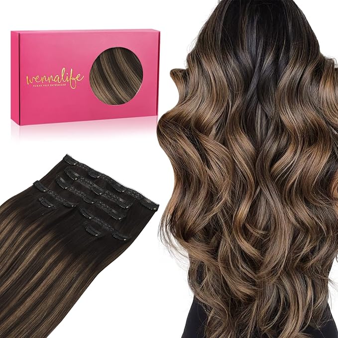 WENNALIFE Lace Seamless Clip in Hair Extensions Human Hair 7pcs Ultra Invisible 50% Thinner Seamless Clip Ins Balayage Dark Brown Mixed Chestnut Brown Natural Remy Hair 18 inch