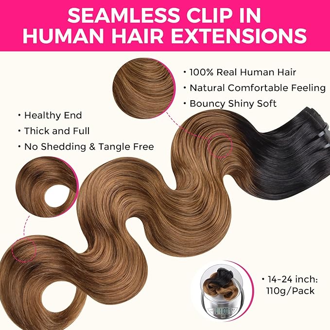 Lashey Seamless Clip in Extensions 110g 7pcs Body Wave Ombre Natural Black to Medium Auburn Clip in Hair Extensions Human Hair 20 Inch Natural Soft Hair Extensions for Women