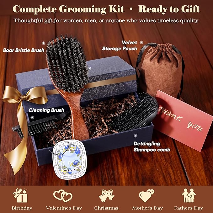 Boar Bristle Hair Brush Since 1965 British Craftsmanship, Handmade Natural Wooden Slick Back Hairbrush/Beard Brush, Pure Soft Bristles Gentle Detangling Women Men Kids Thin Fine Hair, Smooth & Shine