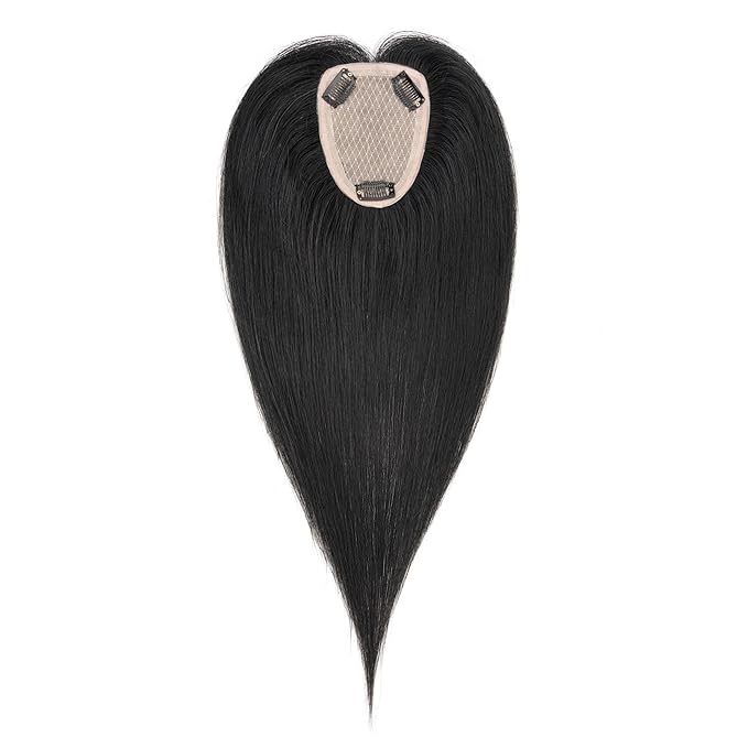 Hairro Human Hair Toppers Free Parted, 3.5x4.7" Base Hand-wovened 100% Real Hairpieces, with Invisible Clips-in for Women, for High Hairline/Adding Volume on Top, 12 Inch Jet Black