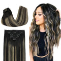 DOORES Clip in Hair Extensions Human Hair, 75g 5pcs Balayage Natural Black to Light Blonde 16 Inch Real Human Hair Extensions Clip in Remy Straight Natural Hair Extensions
