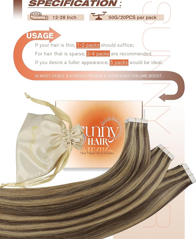 Sunny Hair Tape in Hair Extensions Real Human Hair Invisible Remy Hair Extensions Tape ins for Women Dark Brown Highlight Caramel Blonde 14 inch 20Pcs 50G