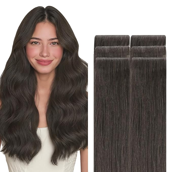 GOO GOO Invisi Edge Tape in Hair Extensions Human Hair, 1C Mocha Brown, 6pcs 16inch 15g, Virgin Remy Hair, Seamless Injected Tape, Natural Look