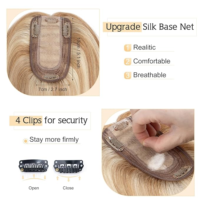 SEGO Human Hair Toppers for Women With Thinning Hair, 7 * 13CM Silk Base 100% Real Human Hair Clip in Top Wiglet Hairpieces -10 Inch No Bangs 12P613 Golden Brown&Bleach Blonde