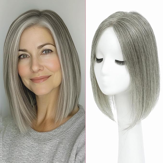 YAMI Hair Toppers for Women 100% Real Human Hair Toppers for Women 12Inch Large Upgrade Swiss Base Cover Hairloss and Add Volume (Mixed Grey)
